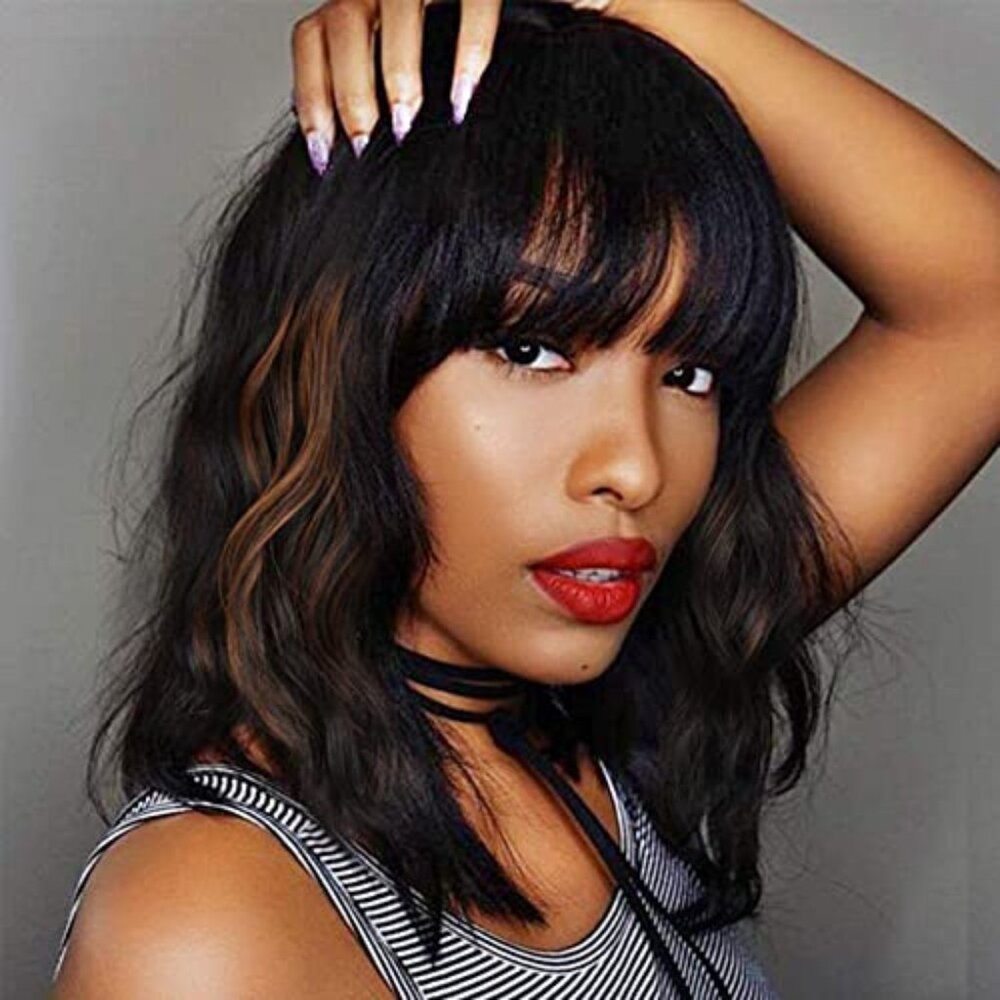 Black Mixed Brown Wig for Black Women 14 Inch Short Wavy Hair Wigs Curly Bob Wig